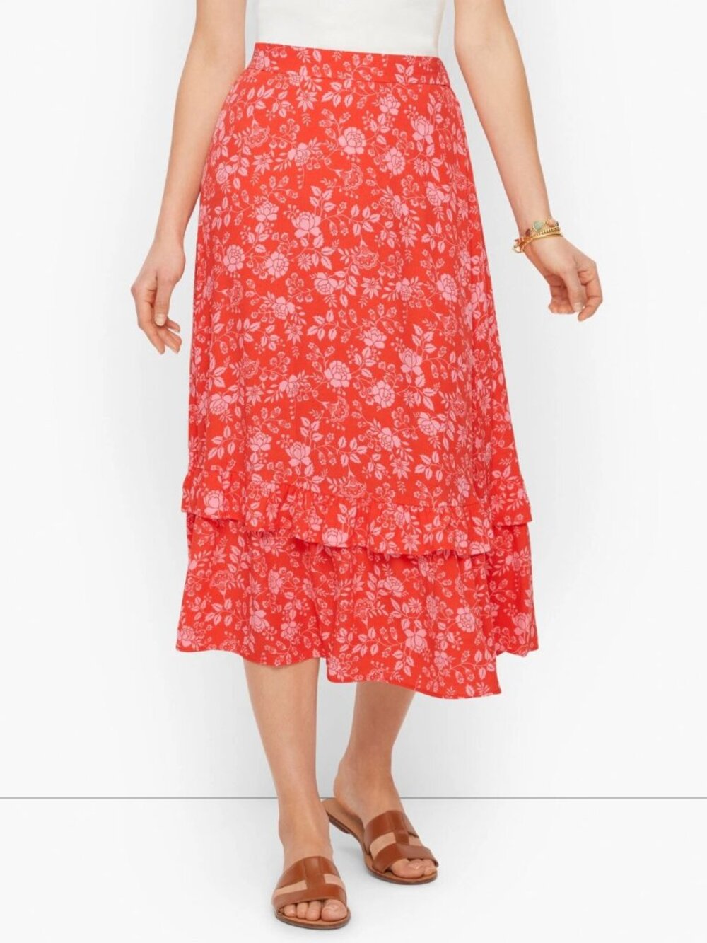 Talbots Ruffle Tiered Skirt Womens M Pink Blossom Coral Floral Pull-On Midi